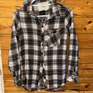 California Moonrise Button-Up Shirt Boho Printed Back Plaid Layering, Size M